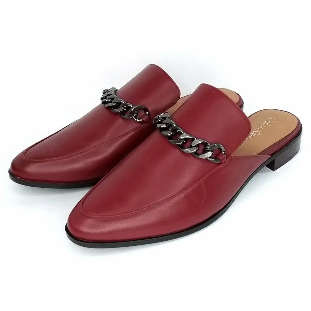 Calvin Klein Frieda Mule In Cherry Red Leather Metallic Chain Detail - Picture 2 of 9